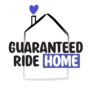 Drawing of a house with words in front saying Guaranteed Ride Home